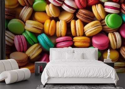 'brightly colored stacked french macarons white macaroon dessert food sweet cake pink colourful isolated biscuit snack cookie delicious assortment green yellow france tasty colours' Wall mural