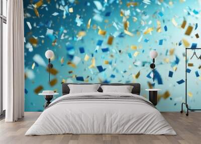 'celebration 3D blue Light confetti fluttering party decoration celebrate birthday anniversary surprise design christmas flying holiday winner success ribbon tape announcement' Wall mural