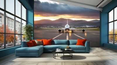 'concept travel world technology aviation australia tasmania hobart sky dramatic runway airport airplane view sunset aeroplane air aircraft airline aerodrome arrival background blue business' Wall mural