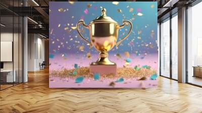 'confetti 3D plastic flying rendering pastel illustration composition. multicolored Cute festive colors. icon cup championship Gold cartoon style trophy champion reward symbol congr' Wall mural