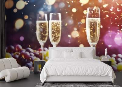 'confetti champagne grapes Year New party christmas champaign grape spanish background bottle happy goggles toast wine year's eve 2 clock countdown celebration night glister' Wall mural