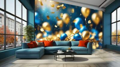 'confetti golden Realistic lights. background blurry bokeh Festive blue falling balloons generative ai balloon gold birthday congratulation glistering happy ball celebrate chri' Wall mural