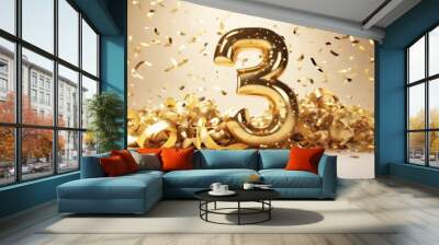 'festive confetti ribbons. party. 3d spiral Golden anniversary event celebrating Poster render template 3 number three birthday year decoration gold symbol background illustrati' Wall mural