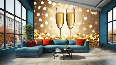 'glitter two confetti champagne golden glasses lights. serpentine christmas background design party  Wall mural