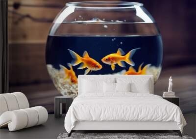 'gold fish fishbowl glasses bowl water animal aquarium concept white tank swim underwater bubble beautiful splash challenge goldfish tropical motion wave pet blue jump freedom escape free flying' Wall mural