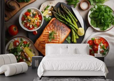 'grilled salmon fish steak asparagus tomato corn salad plate healthy sh lunch top view food background meal eatery cooking menu dinner fresh delicious organic eat table diet ingredient tasty natural' Wall mural