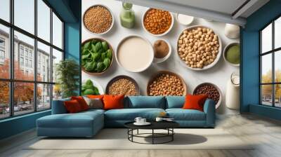 'healthy et vegan food veggie protein sources tofu milk beans lentils nuts soy spinach seeds top view white table diet vegetarian vegetable balanced source nut bean isolated seed grocery wooden' Wall mural