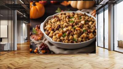 'homemade thanksgiving stuffing food turkey meal dinner holiday dressing gravy traditional roasted bread delicious cooked baked autumn roast organic mashed sauce herb rosemary epicure hot side dish' Wall mural