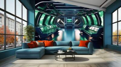 'interior spaceship green rendering view 3d windows spacecraft ship space science craft star station cabin cockpit control window planet earth footed shuttle exploration' Wall mural