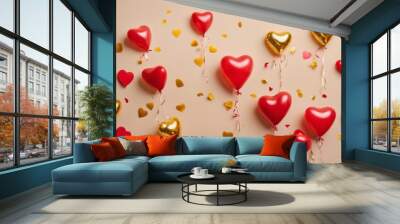 'isolated golden Day Top pastel copyspace St red background confetti view concept. beige balloons yellow Valentine's heart photo shaped valentine woman wedding fashion nubes frame love p' Wall mural