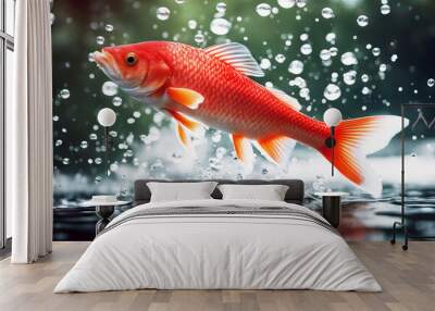 'jumping fish red goldfish water splash business teamwork meeting gold pet bubble fishbowl friendship jump splashing happiness immigration escape family freedom vacation glasses liquid move motion' Wall mural