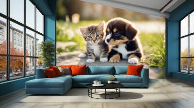 'little tabby kitten puppy dog cat friendship play love kiss baby friends summer adorable animal canino care childhood cute domestic enjoy family fluffy friendly fun funny grass happiness happy lawn' Wall mural