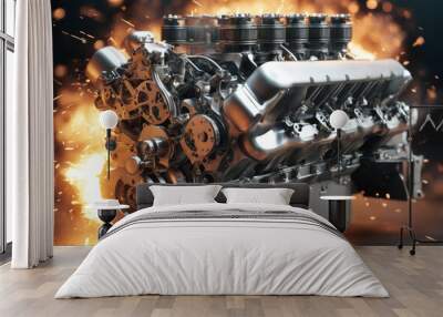 'motion parts mechanical other pistons sparks explosions engine v8 working model cg car piston crankshaft valva combustion ignition exploding flames fire spark fuel gasoline diesel cylinder' Wall mural