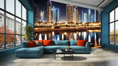 'night city Dubai al arab arabian arabic architecture beach blue building business landscape design downtown east emirate famous holiday hotel landmark luxury middle modern resort road sail sky' Wall mural