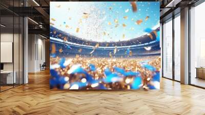 'people day 3d Stadium sky blue tinsel fans. render illustration Confetti empty light arena green victory grass goal football celebration success soccer field space team sport spec' Wall mural