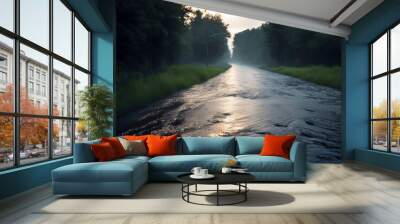 'road flooded storm heavy flooding asphalt street line water yellow hurricane rain landscape travel transportation traffic nature sky empty tropical pavement lane path signs drive' Wall mural