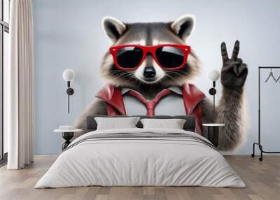 'rock background showing raccoon sunglasses red funny isolated portrait gesture white animal pet paw accessory artist beautiful cheerful closeup comical concept curious cute finger full-length fun' Wall mural