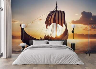 'ship viking shine gold nordic north nautical ancient norge scandinavian sailboat sail history longboat water boat weather invasion illustration dark dusk evening vandal sunset warrior' Wall mural