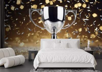 'silver Trophy falling cup. confetti place Champion first sport shiny award. streamers. winners cup 1st successful gold championship achievement celebration contest challenge' Wall mural