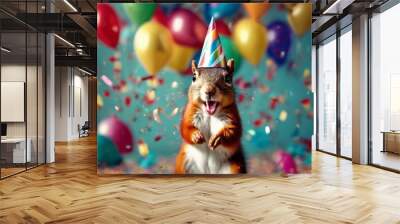 'squirrel colorful confetti smile happy birthday big hat surrounded party-themed wearing falling background. A balloons animal nature rodent wildlife cute mammal red wild fur tail nut eating' Wall mural