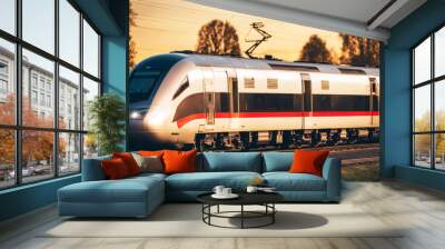 'sunset traveling train german modern landscape public transportation golden hour railroad colourful communication connection context countryside dusk evening field forest frame freedom high' Wall mural