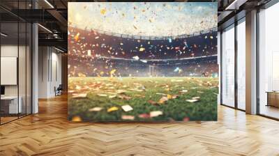 'the confetti. soccer stadium confetti football team goal championship light grass cup spotlight sport game shiny green ground competition field fan arena celebration illuminate' Wall mural