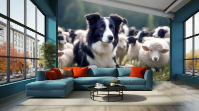 'troupeau surveillant collie border moutons dog sheep flock mountain guard guardian summer protect oversee ewe drover animal grass nature meadow husbandry guide alert surveillance work feed security' Wall mural