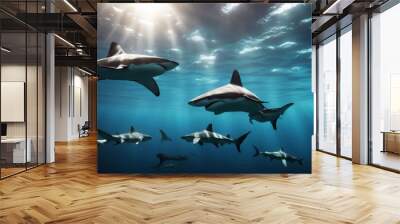 'underwater sharks group shark water fish ocean sea animal tropical aquatic nature swimming background dangerous natural wild predator marin blue attack' Wall mural