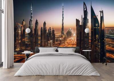 'United Arab beautiful sunset Sheikh traffic city Dubai center Zayed road lights skyline Emirates Dubai Dubai City Skyline Burj Khalifa View Top Night Aerial Sunset Panorama Uae Architecture Modern' Wall mural