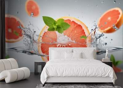 'water splash grapefruit mint isolated white citrous closeup cook diet drink dripped eat falling favor food fresh fruit green health herb ingredient juice leaf liquid macro melissa menthol motion' Wall mural