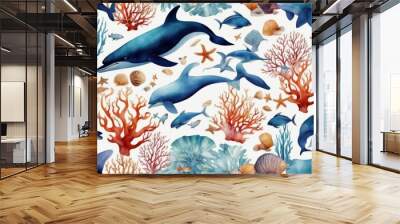 'whale shell watercolor blue marine starfish turtle fish wildlife set coral animals ocean nautical dolphin sea aquarium illustration jellyfish poster background animal marin water nature art' Wall mural