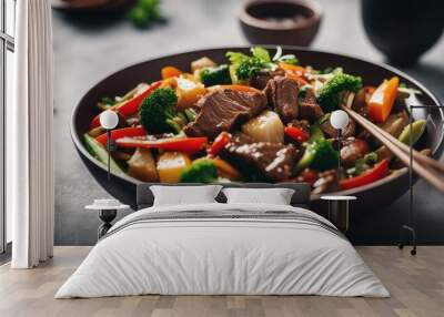 'wok stir fry beef vegetables food asian broccoli carrot chinese chopped closeup cook cooking cookery cut dinner dish ethnic fast fries green healthful healthy low-fat macro meal meat mushroom oil' Wall mural