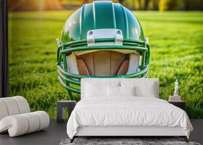 A bright green child-sized football helmet with a protective face mask rests peacefully on a lush green grassy field, awaiting its young athlete to slip it on. Wall mural