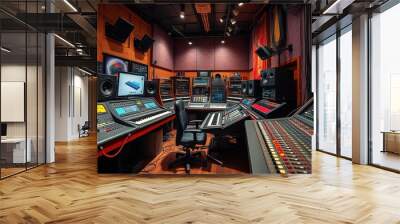 A bustling music studio interior showcases sleek control boards, colorful console meters, and racks of gleaming sound equipment amidst a symphony of cables and quiet intensity. Wall mural