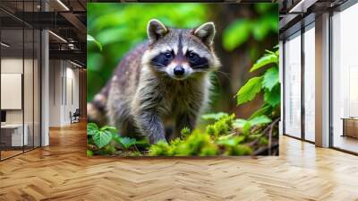 A curious raccoon with a bushy tail and mask-like markings rummages through a lush green forest underbrush, its little paws grasping for hidden treasures. Wall mural