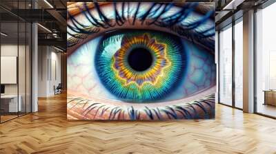 A detailed close-up of a human iris with unique patterns and colors, overlaid with a faint fingerprint design, blending nature and technology seamlessly. Wall mural