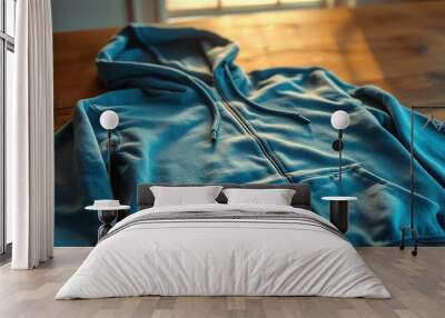 A faded blue hoodie with a plain front and a zip-up closure lies flat on a worn wooden table, its fabric emitting a soft, calming glow in the indirect sunlight. Wall mural