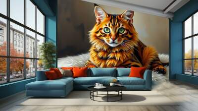 A majestic Bengal cat with striking orange and black stripes sits regally on a plush cushion, its piercing Wall mural