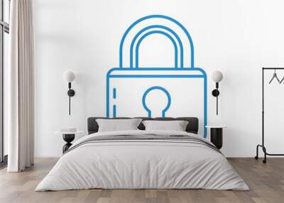 A minimalist blue line icon of a lock symbolizing security, privacy, and protection, isolated on a white background with clean lines and simple design. Wall mural