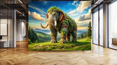 A powerful giant roams freely in a serene landscape, its distinctive patchwork coat and gentle eyes radiating a calm aura. Wall mural