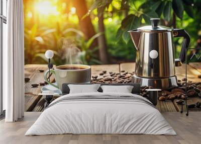 A stainless steel stovetop espresso maker sits atop a rustic wooden table, surrounded by morning sunlight, fresh coffee beans, and a delicate ceramic cup. Wall mural