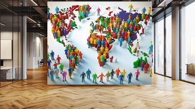 A vibrant world map serves as a backdrop for a diverse row of anonymous figures, symbolizing global unity and celebrating human diversity on World Population Day. Wall mural