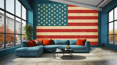 A vintage illustration shows a iconic flag with red and white stripes and a blue rectangle featuring 13 horizontal stripes and 50 white stars on a deep blue background. Wall mural