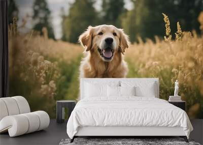 active spring field dog retriever golden happy walking grass nature summer pet cute running animal meadow walk puppy young green park fun funny canino outside mammal friends breed playful outdoors Wall mural