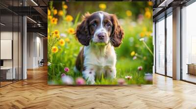 Adorable English Springer Spaniel puppy with floppy ears and big brown eyes explores lush green meadow, tail wagging, surrounded by vibrant spring flowers and lush grass. Wall mural