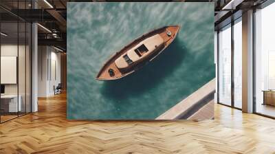 aerial view Boat Lake Water Ocean Above Wake Wave Motorboat Alone Calm Fun Speed Background Space White Sport Fish Blue Vacation Recreation Motor Pleasure Enjoyment Leisure Outdoor B Wall mural