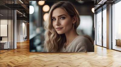 attractive Positive happy attire young blond smile woman cafeteria confident female contemporary energy active entrepreneur looking student camera successful casual content cheerful modern cafe Wall mural