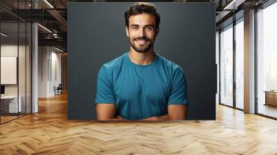 background gray isolated arms crossed standing shirt polo blue man handsome Smiling casual attire photogenic young happy white portrait male guy model person fashion friendly cool adult studio Wall mural