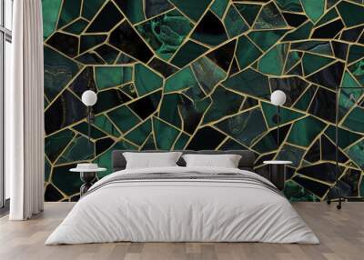 background seamless glossy green and black gold encrusted broken marble mosaic tiles background texture luxury cracked ceramic art deco cobblestone tileable wallpaper pattern high res generative ai Wall mural