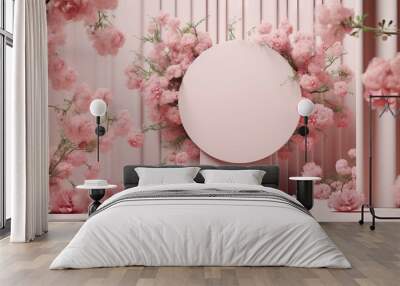 beautiful podium nature abstract garden splay product promotion background frame pastel render cosmetic cloth mockup pink feminine blossom pedestal flower rose beauty summer showcase Wall mural